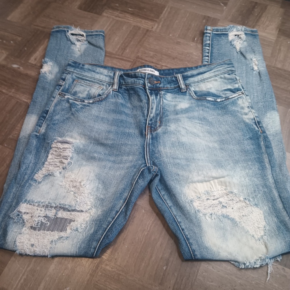 Embellish Jeans Straight 35x33 Mens Jeans Red‎ Thread Art Distressed Y2K Street - Picture 2 of 15